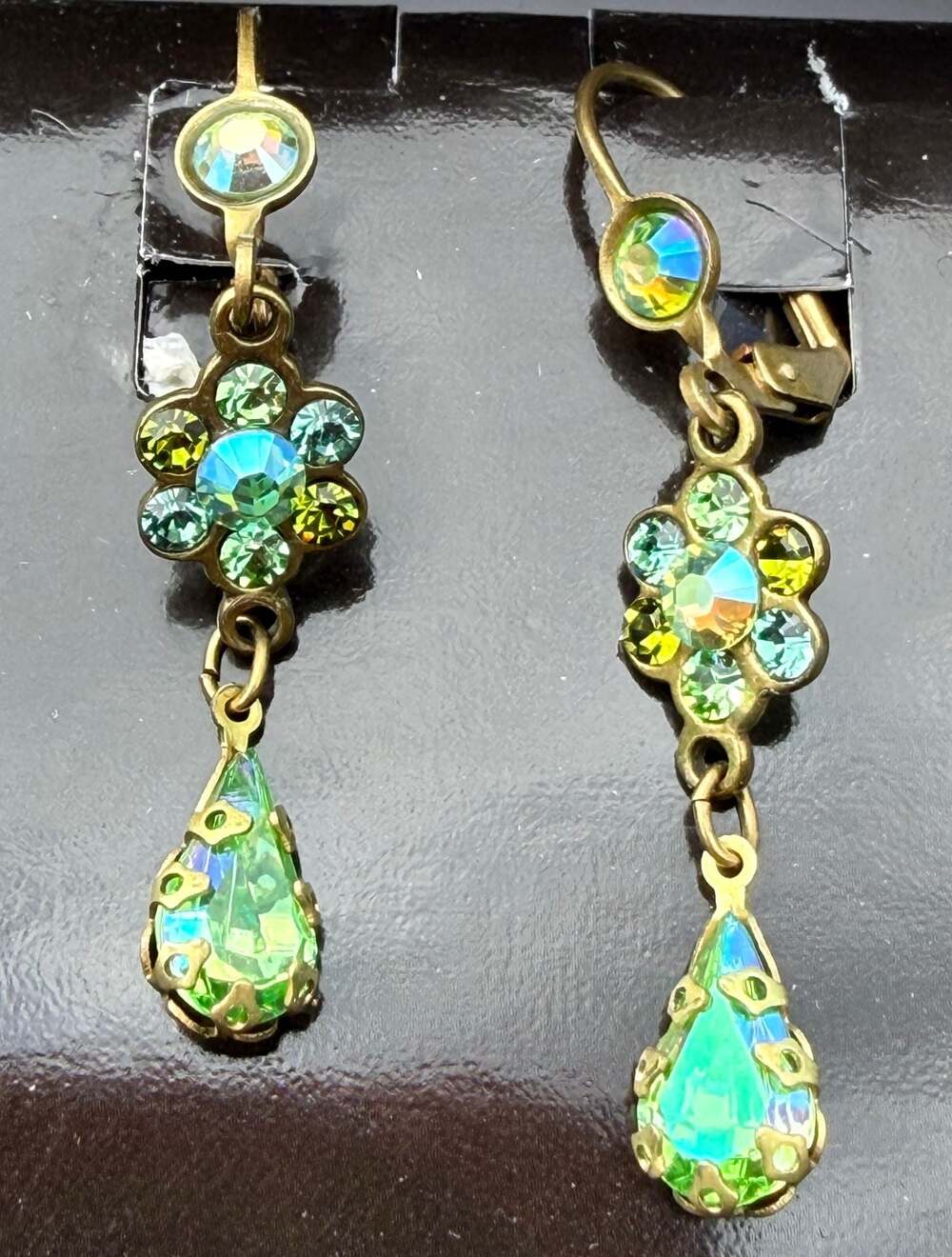 Michal Negrin Green Swarovski Crystal Flower and Teardrop Dangle Earrings